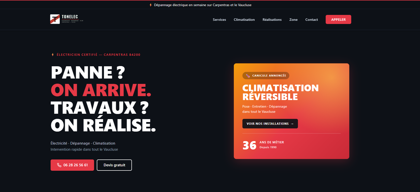 Image du projet Tonelec — Site vitrine Astro pour un électricien de Carpentras